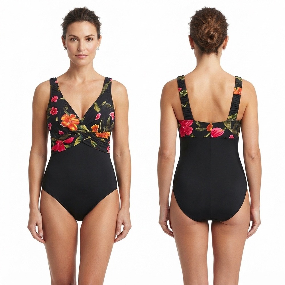 Christina Swimwear Womens Floral One Piece Swimsuit 16 16L Black NWT